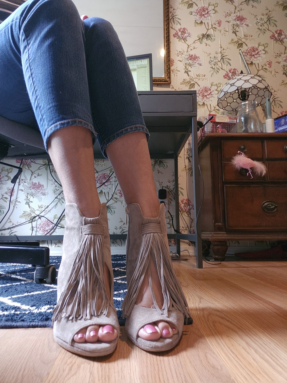 Vince Camuto Gray Suede Fringed Peep-Toe Ankle Heels - Picture 11 of 12